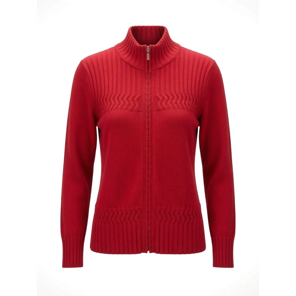 Coldwater Creek SIze M Crimson Red Mock Neck Grandmacore Preppy Sweater Cardigan